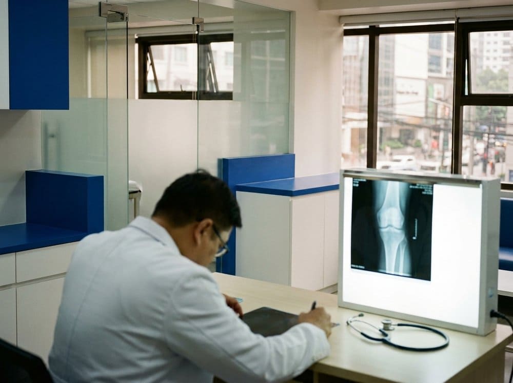 Knee X-ray on a radiology lightbox